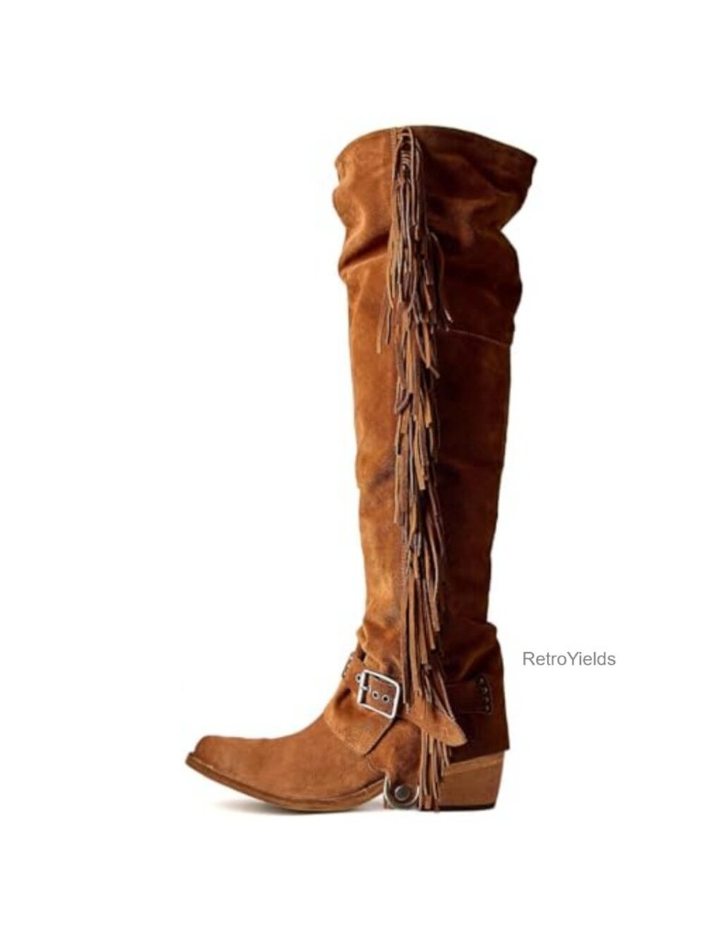 Over the Knee Cowboy Boots Suede Fringe Chunky Heel Western